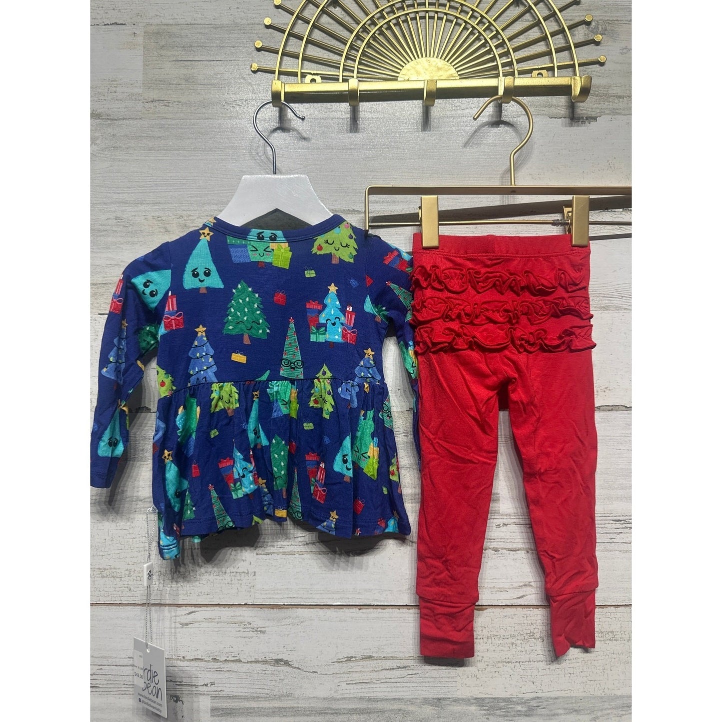 Birdie Bean Peplum Legging Set Girls 6-12M Navy Red Christmas Tree Ruffle NWT2