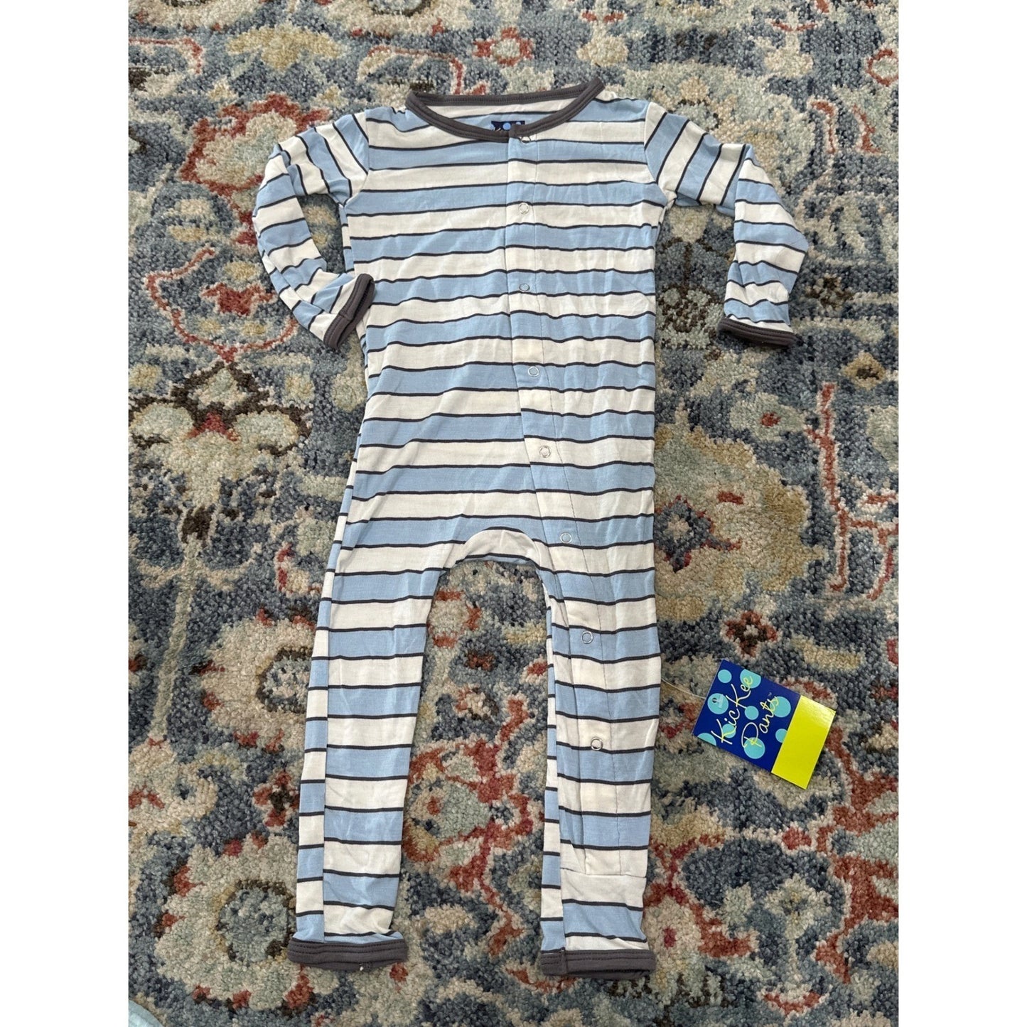 Kickee Pants Romper Boys 12-18M Blue Striped Bamboo Snap Coverall NWT0