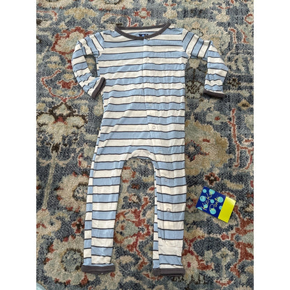 Kickee Pants Romper Boys 12-18M Blue Striped Bamboo Snap Coverall NWT0