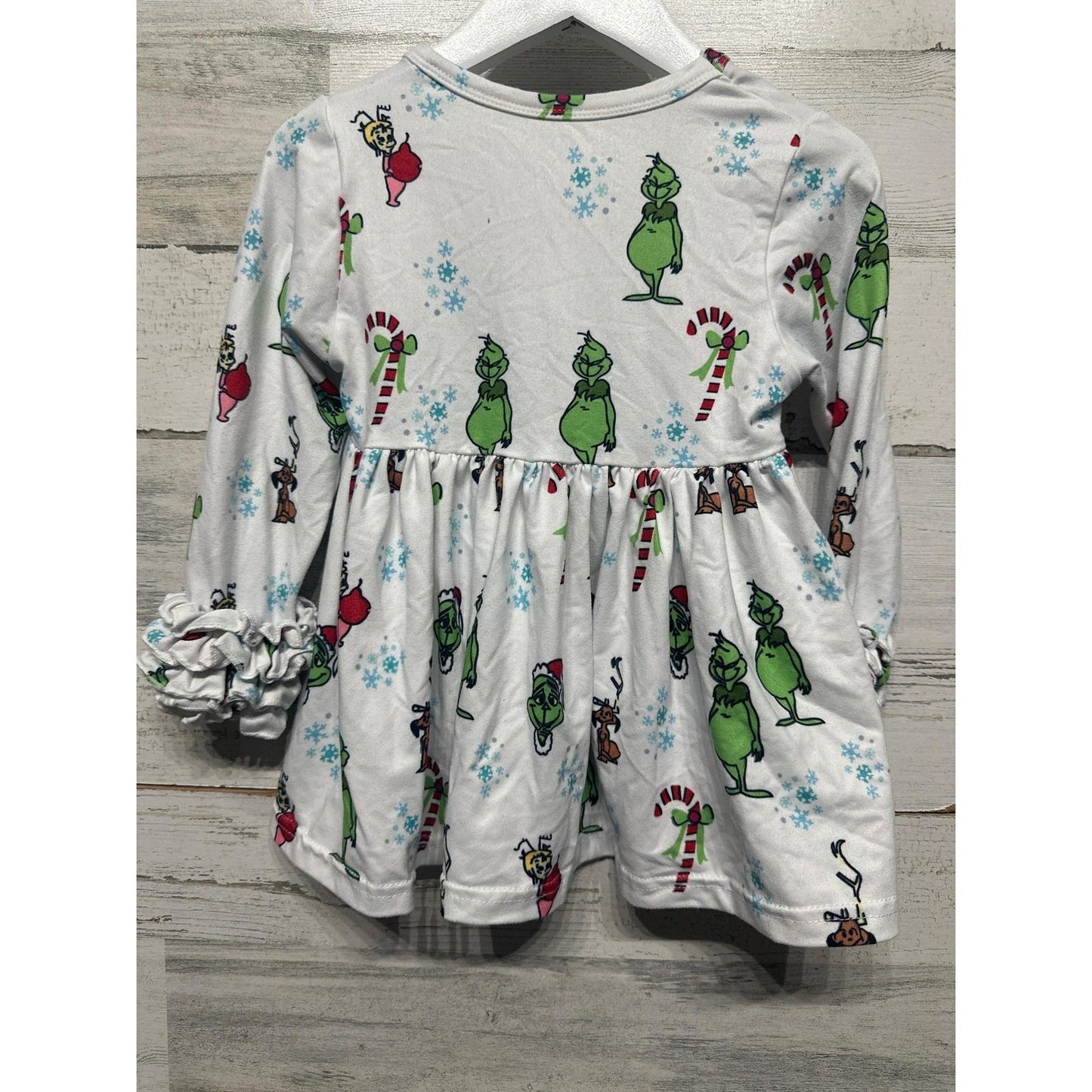 Grinch Holiday Dress Girls 12M White Green Ruffle Sleeve EUC2
