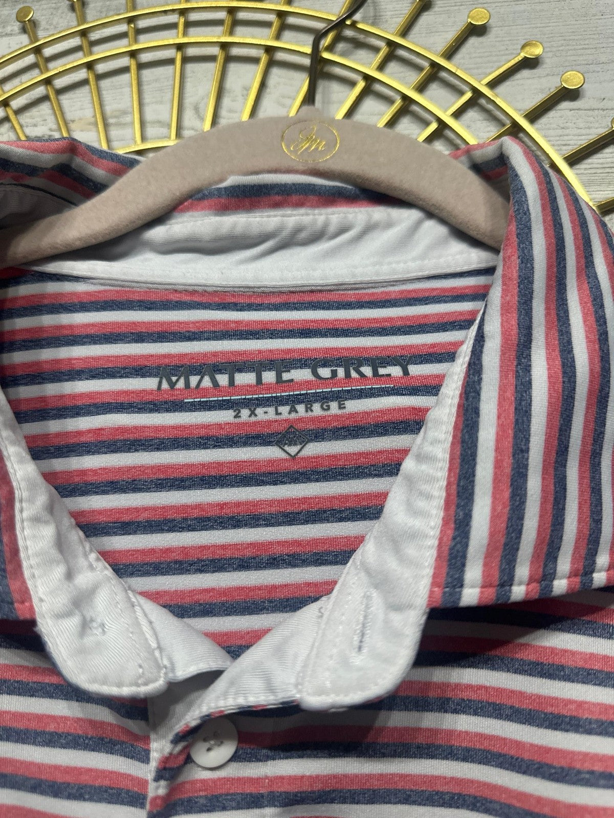 Matte Grey Polo Shirt Men 2XL Red White Blue Striped Performance Golf EUC1