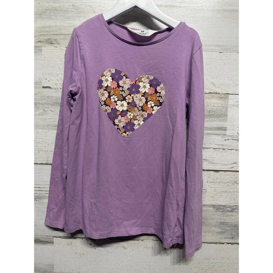 H&M Long Sleeve Tee Girls 8-10 Purple Floral Heart Graphic EUC0