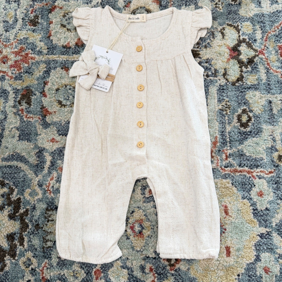Olive & Cradle Romper Girls 0-3M Oatmeal Linen Flutter Sleeve Boho NWT0