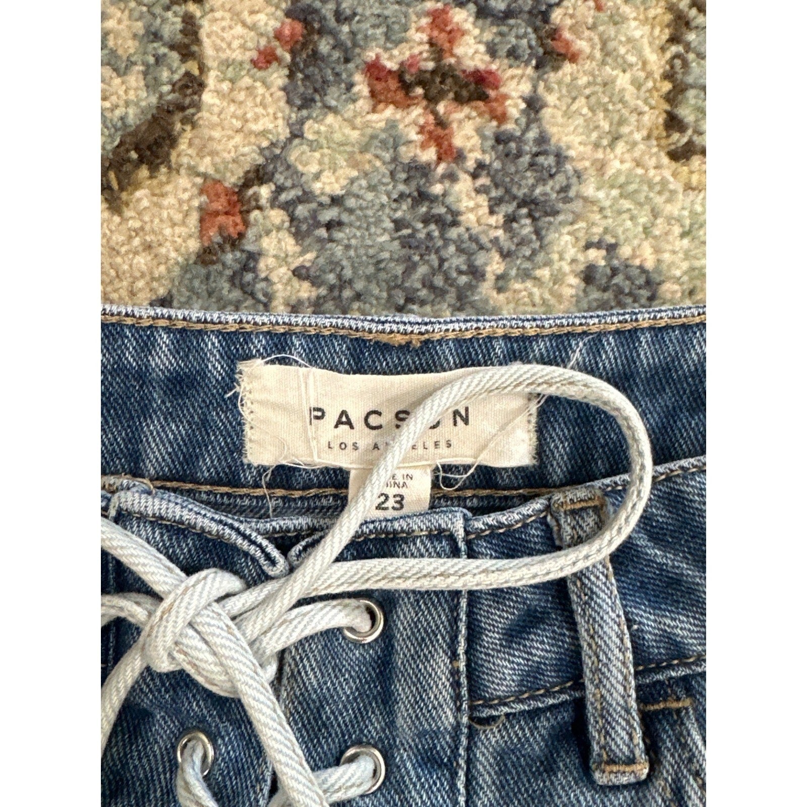 PACSUN Denim Mini Skirt Women 23 Blue Lace Up Raw Hem EUC1