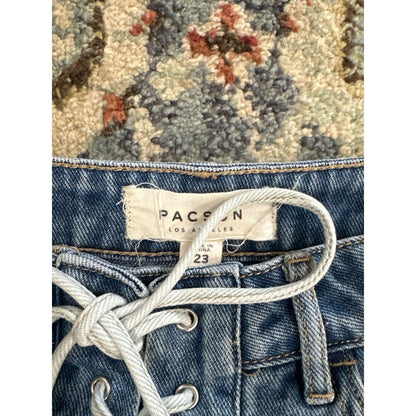 PACSUN Denim Mini Skirt Women 23 Blue Lace Up Raw Hem EUC1