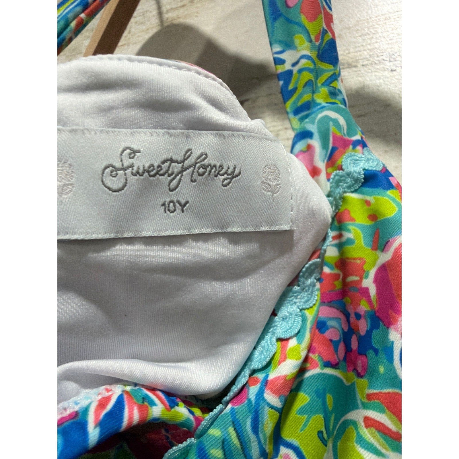 Sweet Honey Swim Top Girls 10 Multi Color Floral Lace Trim Preppy EUC2