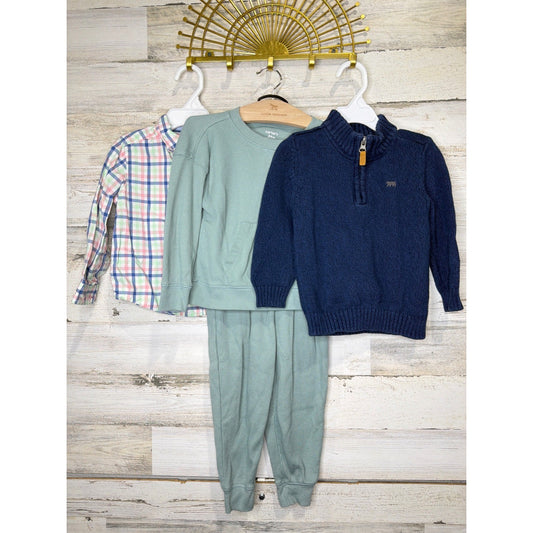 Carter's Bundle Boys 24M Blue Green Plaid Sweater Waffle Set Preppy EUC0