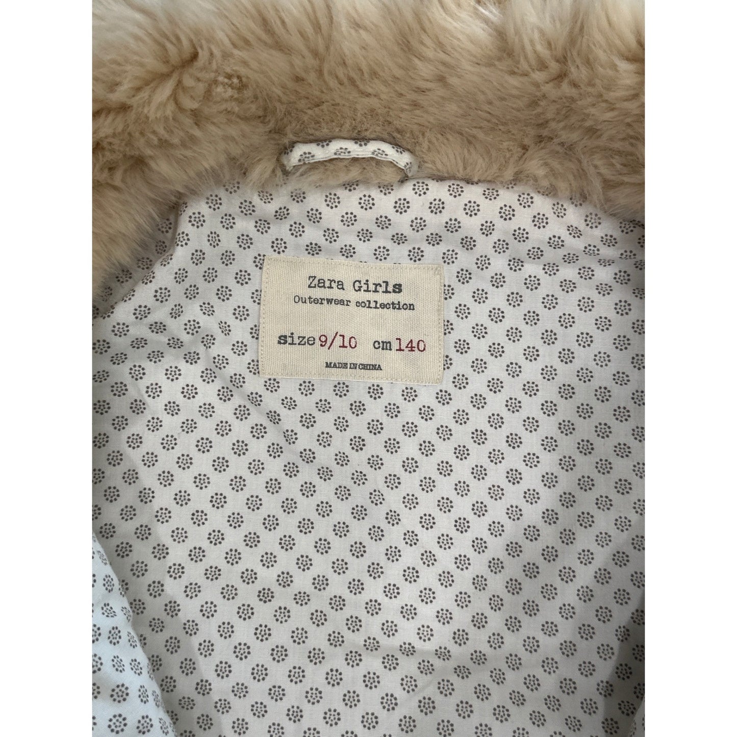 Zara Faux Fur Vest Girls 9/10 Cream Tan Zip Up Polka Dot EUC1