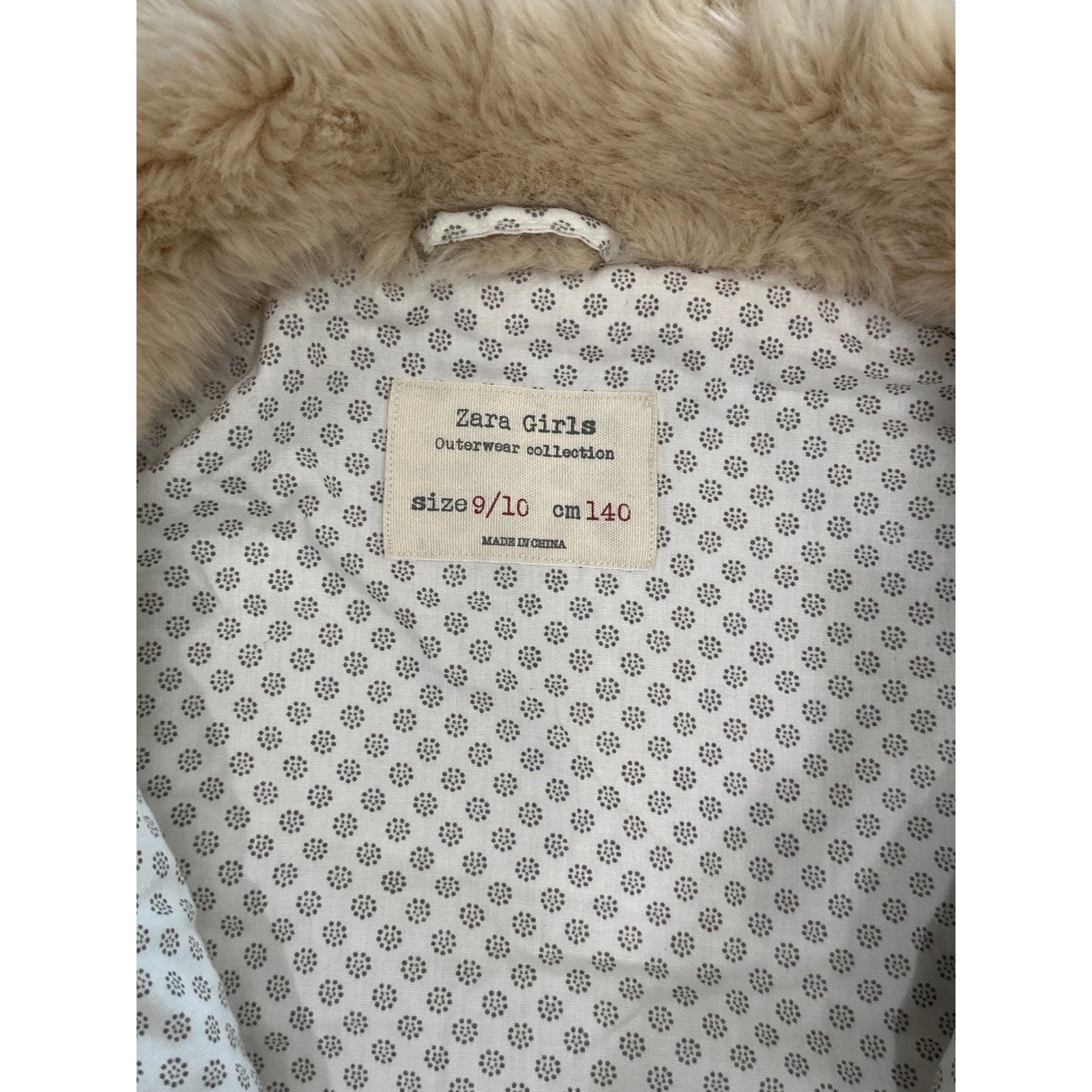 Zara Faux Fur Vest Girls 9/10 Cream Tan Zip Up Polka Dot EUC1