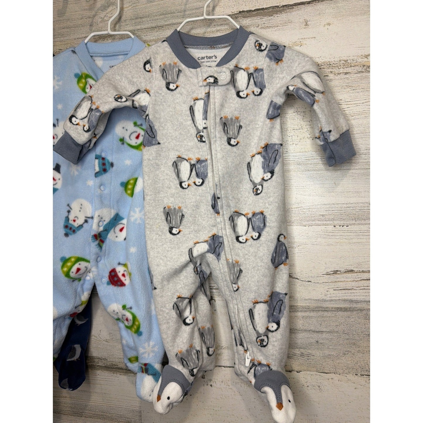 Carter's Fleece Sleepers Bundle Baby Boys 3M Blue Gray Penguin Snowman Winter1
