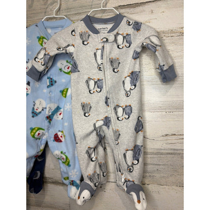 Carter's Fleece Sleepers Bundle Baby Boys 3M Blue Gray Penguin Snowman Winter1