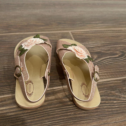 Joyfolie Aria Sandals Girls Size 3 Rose Gold Glitter Floral Embroidery EUC3
