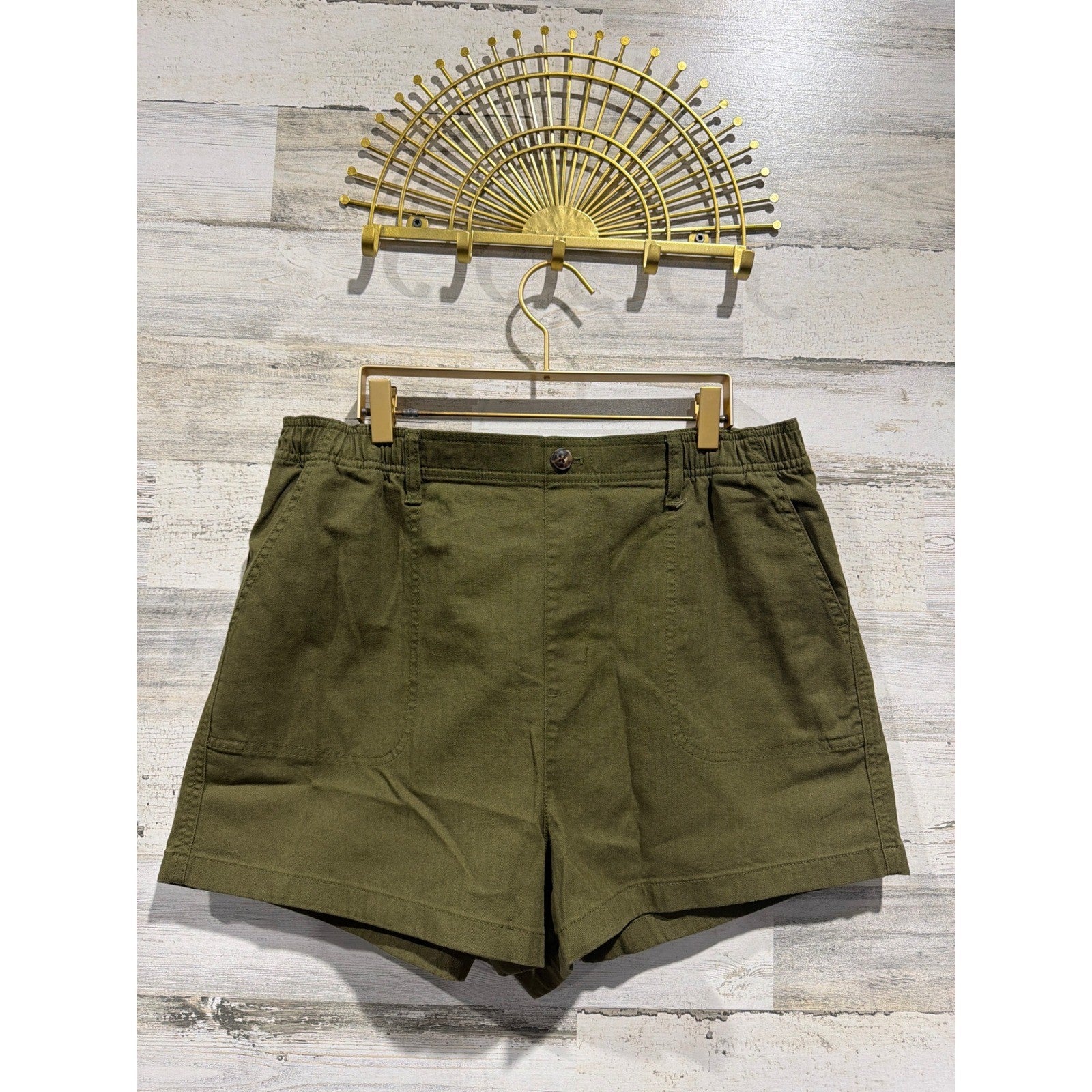 Madewell Camp Shorts Women Large Olive Green High Rise Utility Elastic Back EUC0
