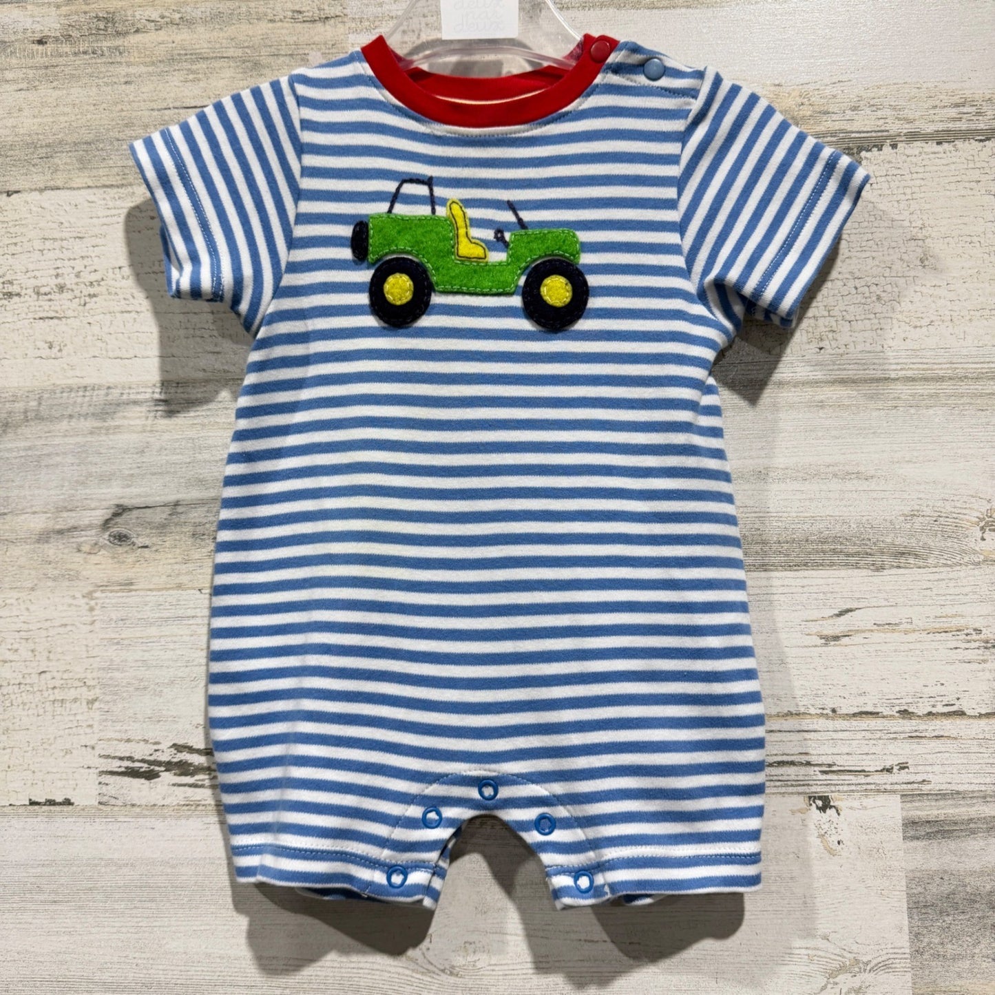 Bella Bliss Romper Boys 6M Blue White Stripe Jeep Applique Preppy EUC0