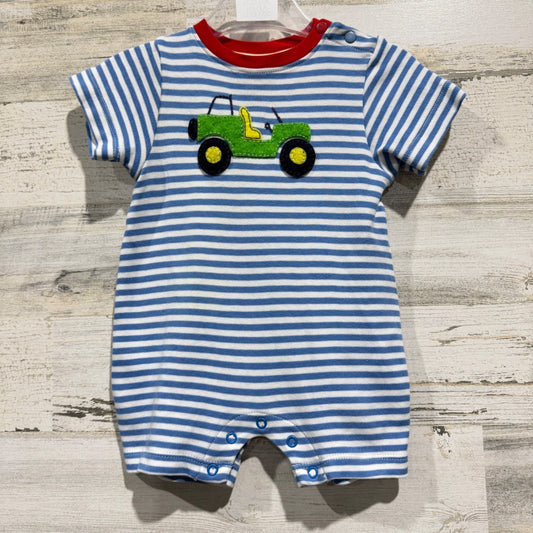 Bella Bliss Romper Boys 6M Blue White Stripe Jeep Applique Preppy EUC0
