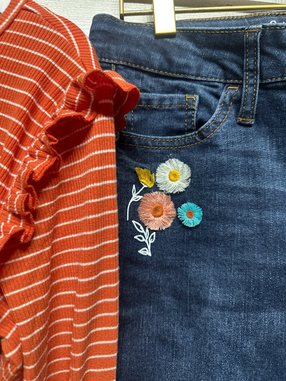 Kidpik Cat & Jack Outfit Set Girls 12 Large Orange Striped Ruffle Floral Jeans1