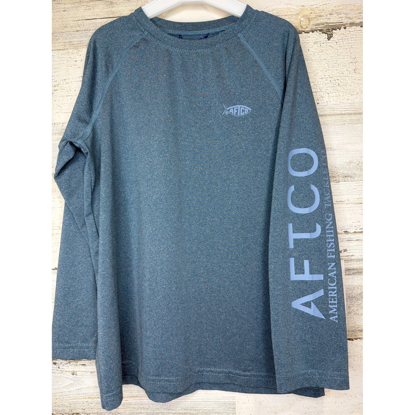 AFTCO AFTECH Shirt Kids Youth Small Blue Heathered LS Performance Fishing EUC0