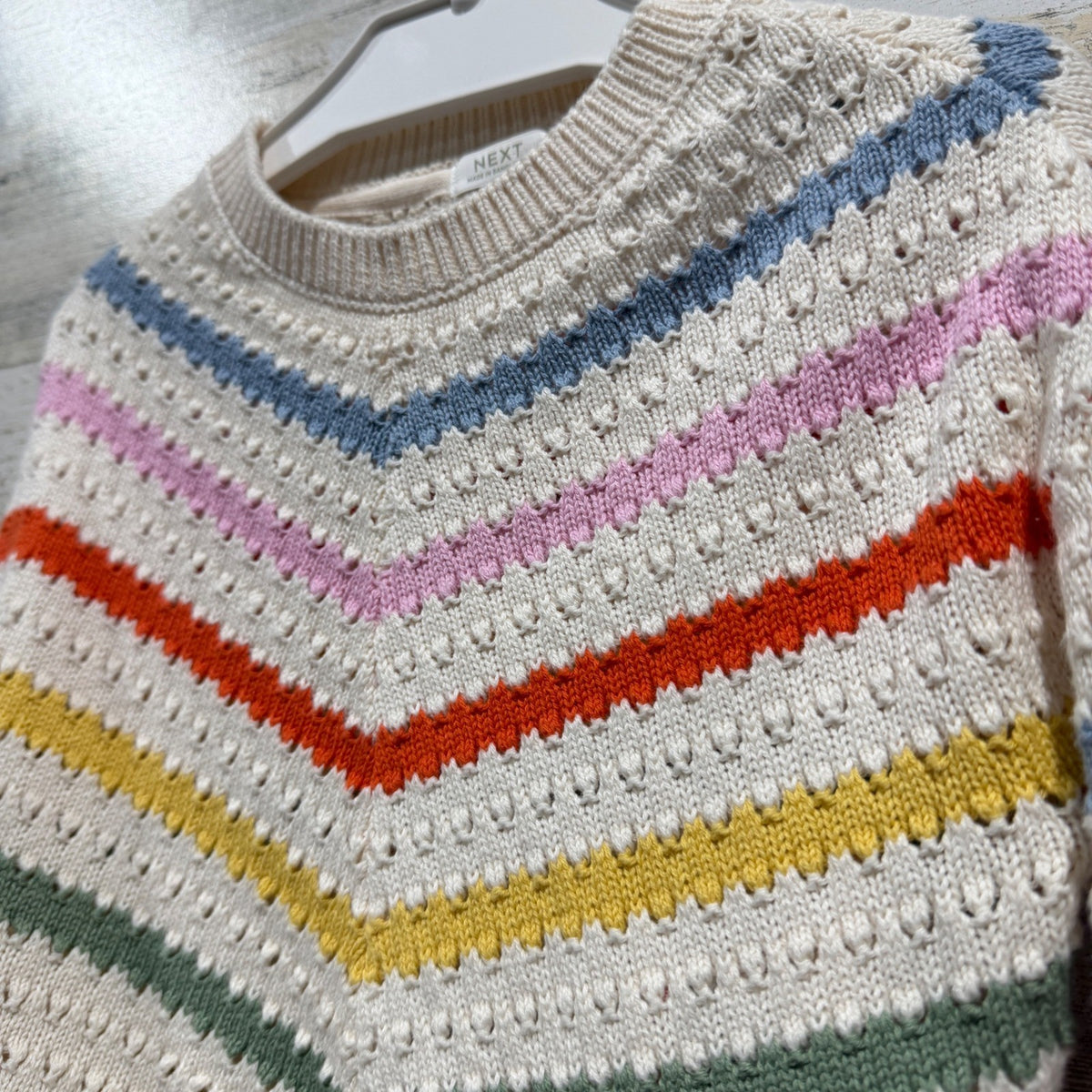 Next Pointelle Chevron Sweater Girls 4T Cream Rainbow Cotton Knit Boho EUC1