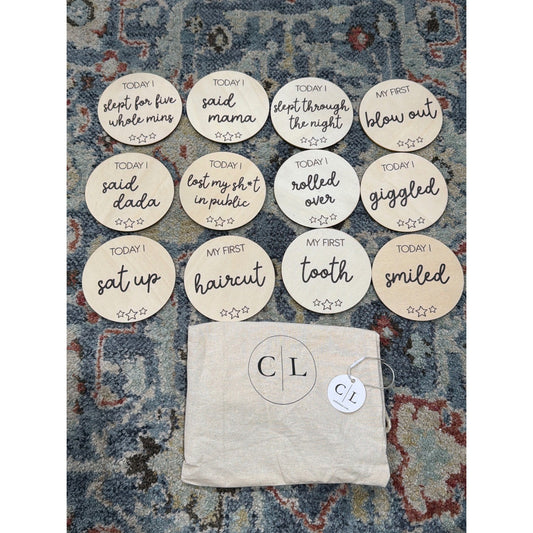 Caden Lane Milestone Photo Props Baby Firsts Tan Wood Funny Markers NWT0