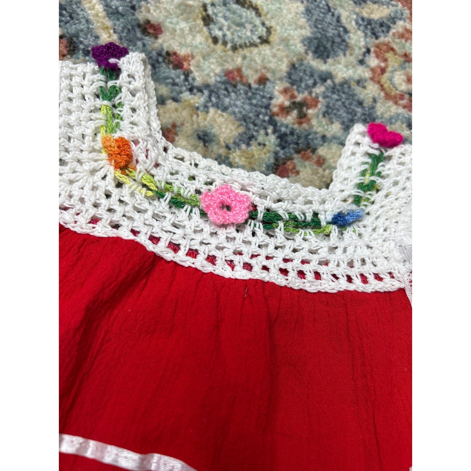 Baby Mexican Embroidered Dress Infant 0 (Fits 0-12m) Red Floral Crochet Lace EUC3