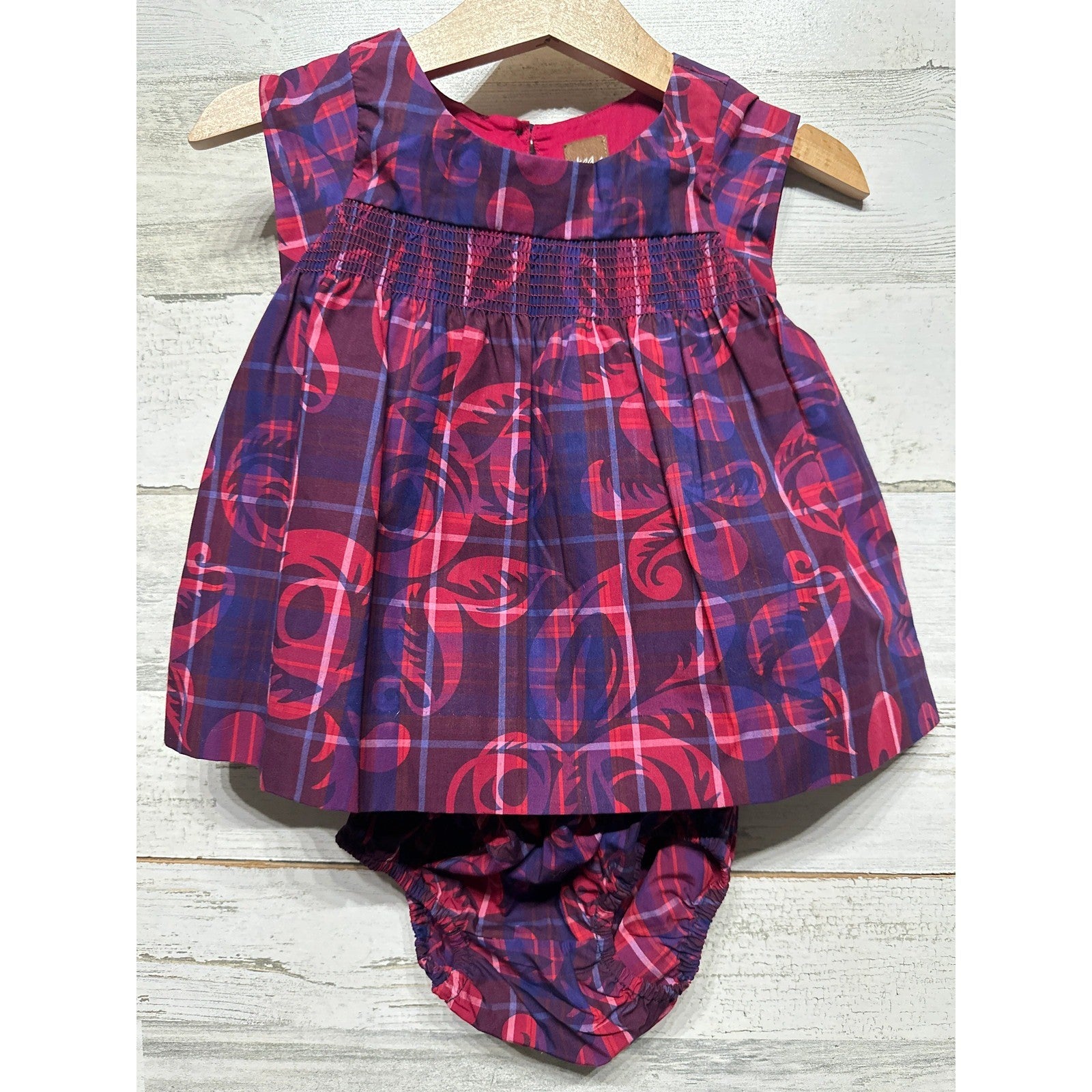 Tea Collection Dress Set Girls 3-6M Purple Pink Plaid Smocked Floral NWT0