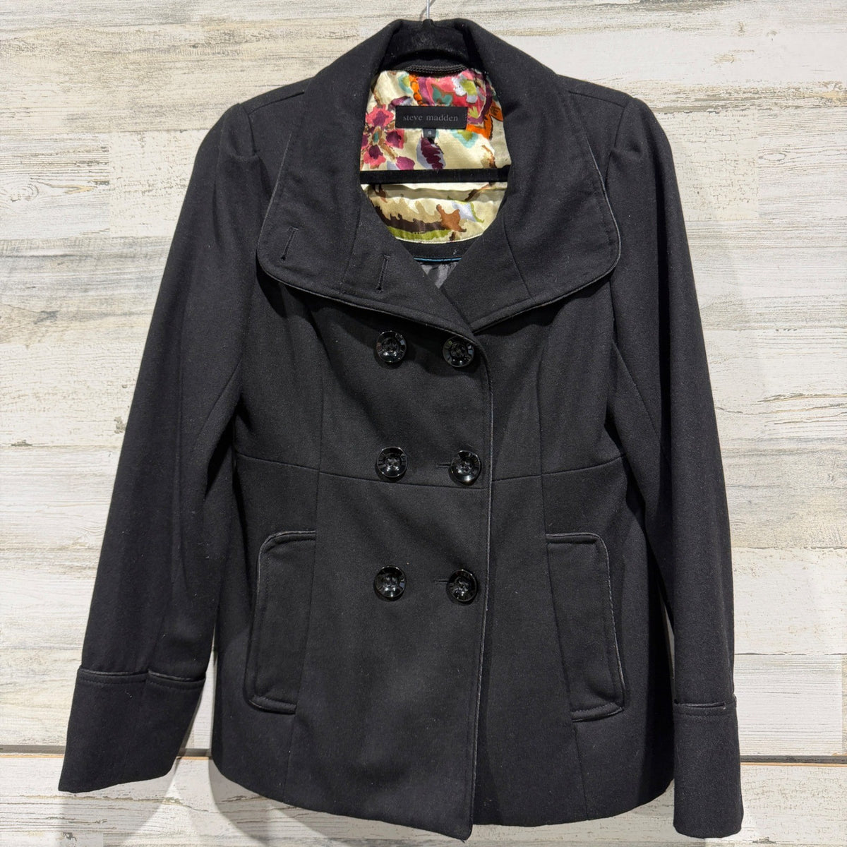 Steve Madden Double Breasted Pea Coat Women S Black Wool Blend Classic0