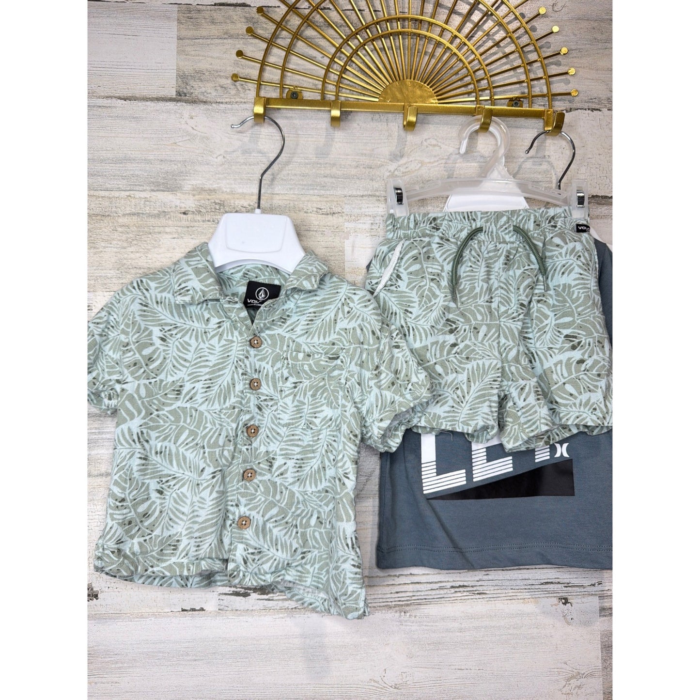 Volcom Hurley Boys 12M Green Grey Linen Set T-Shirt Swim Trunks Bundle Surf1