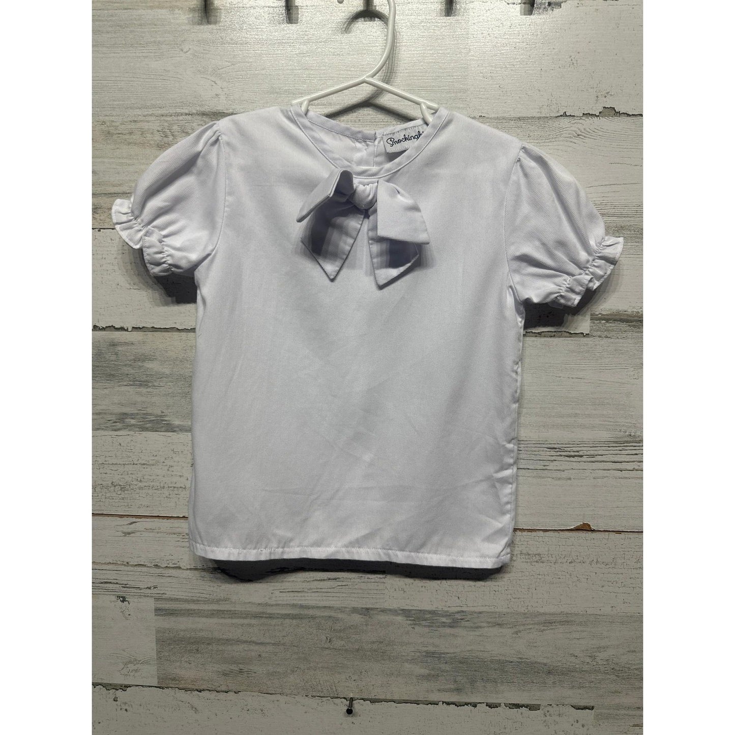 Smockingbird Blouse Girls Size 5 White Bow Puff Sleeve Button Back EUC0