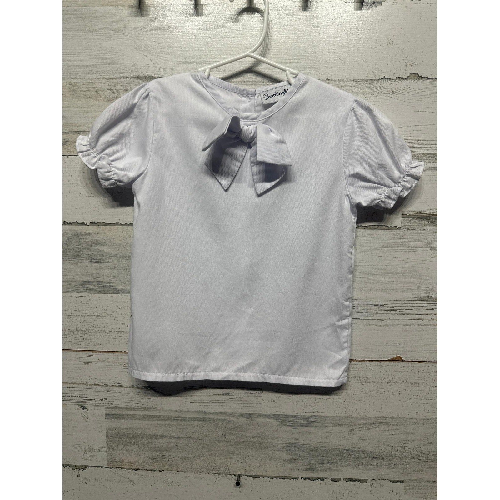 Smockingbird Blouse Girls Size 5 White Bow Puff Sleeve Button Back EUC0