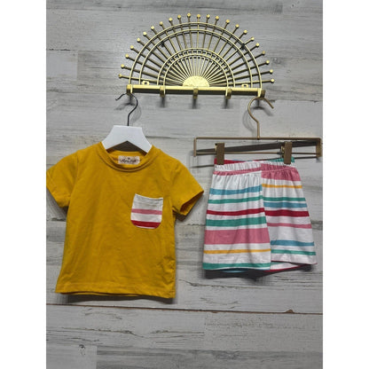 Marie Nicole Clothing Short Set Fits 6-12m Yellow Striped Pocket EUC0
