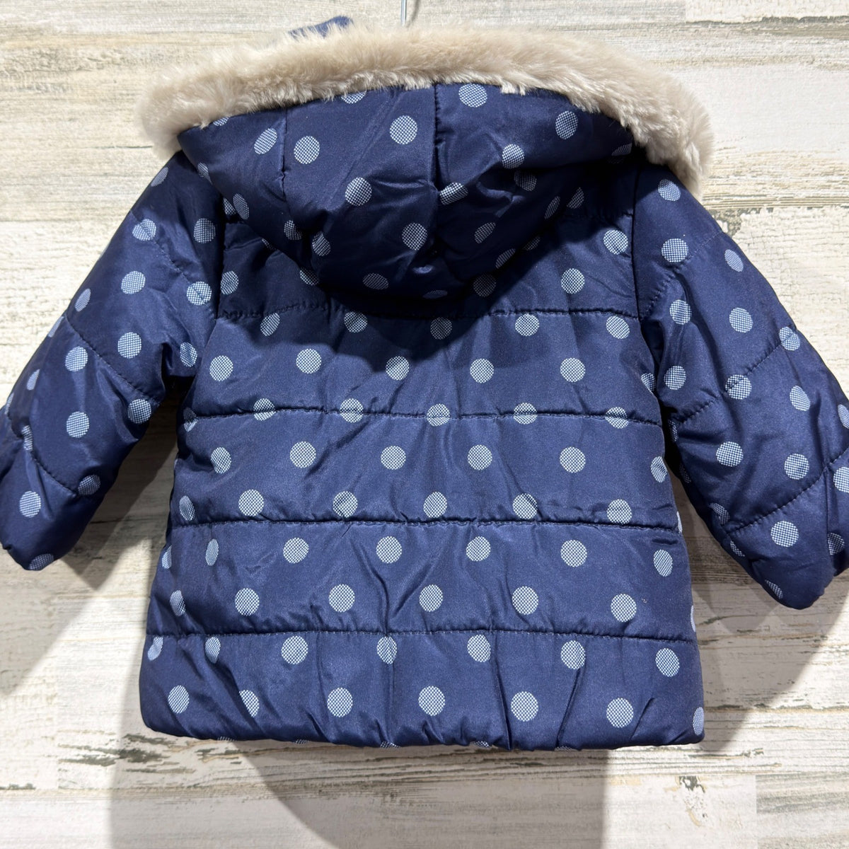 Mayoral Puffer Jacket Girls 2-4M Navy Blue Polka Dot Faux Fur Hood NWT6
