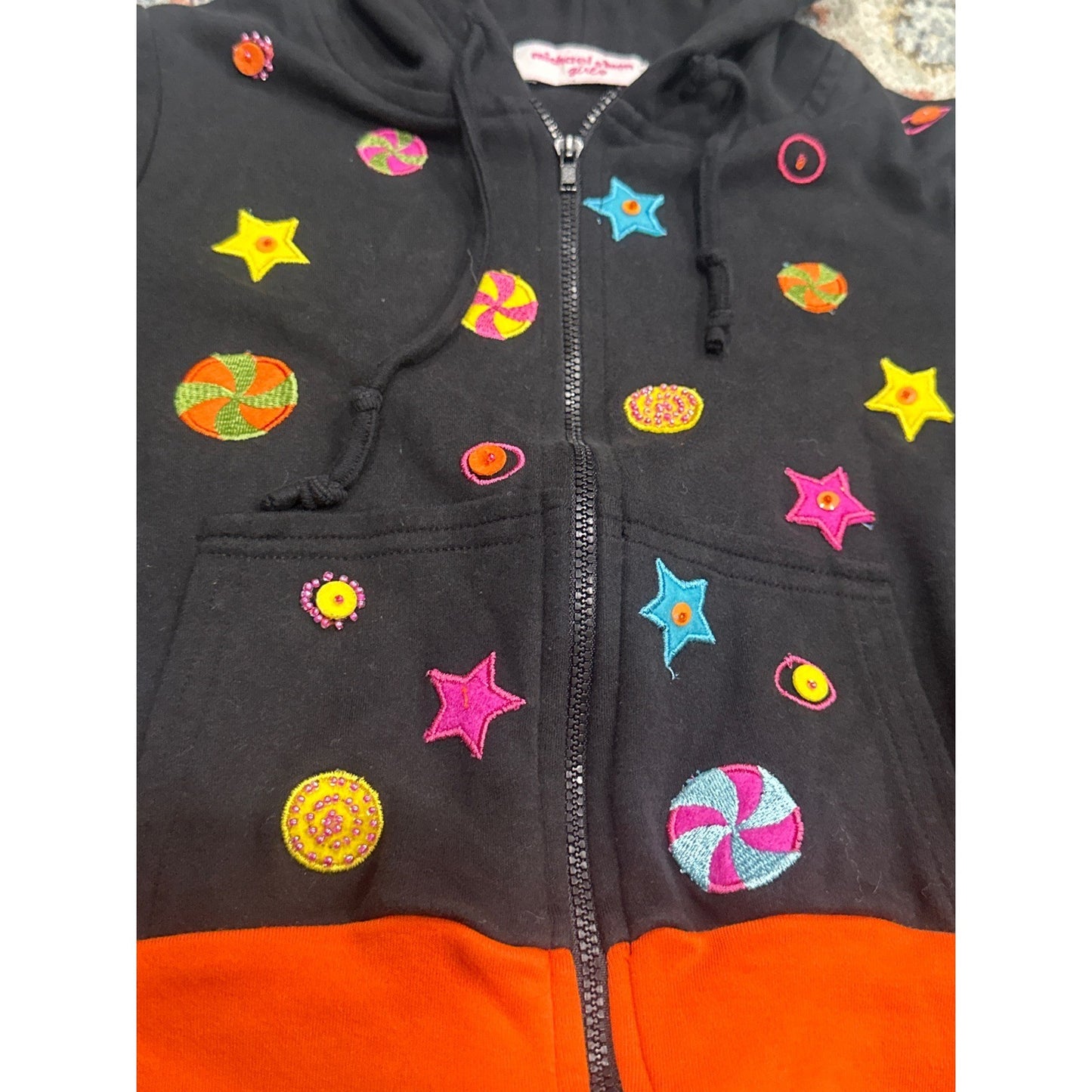 Michael Simon Hoodie Girls Size 5 Black Orange Cat Ear Star Candy Applique EUC2