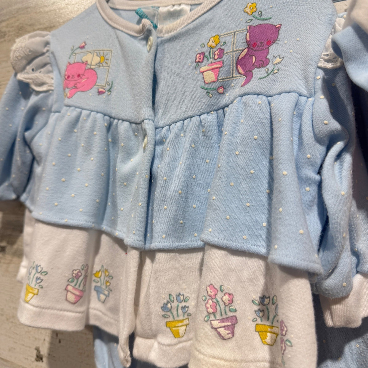 Vintage Kitten Graphic 3pc Outfit Set Girls 6-9 Months Blue Pink Cotton Flawed*11
