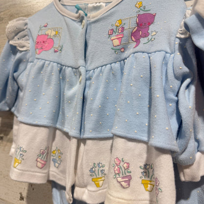 Vintage Kitten Graphic 3pc Outfit Set Girls 6-9 Months Blue Pink Cotton Flawed*11
