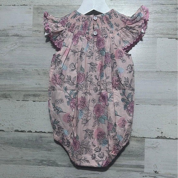 Lil Cactus Floral Smocked Romper Baby Girls 12-18M Pink Flutter Sleeve NWT2