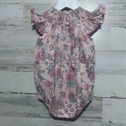 Lil Cactus Floral Smocked Romper Baby Girls 12-18M Pink Flutter Sleeve NWT2