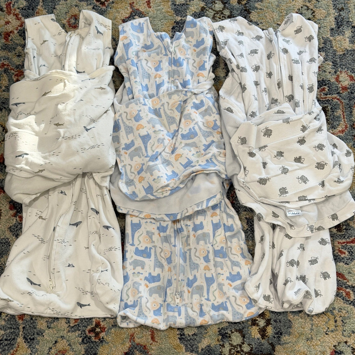 HALO SleepSack Swaddle Boys 3-6M Blue White Animal Whale Sheep Lot 3 GUC0