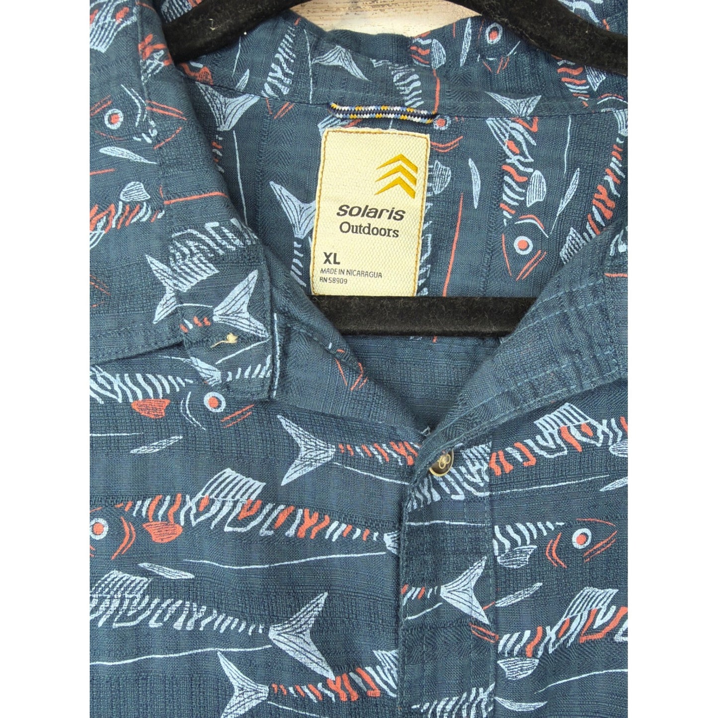 Solaris Outdoors Shirt Mens XL Blue Fish Print Short Sleeve Camp Coastal Beach1