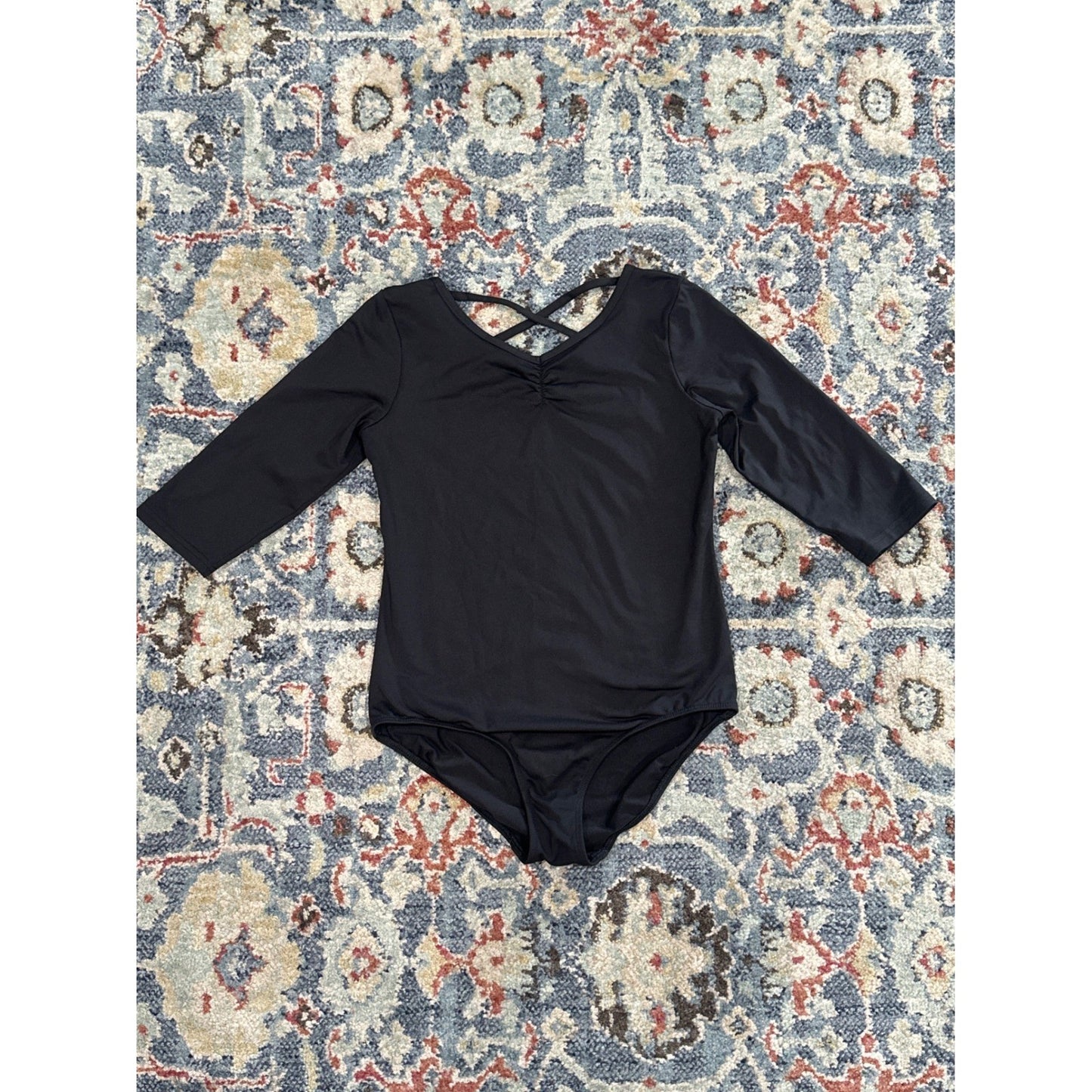 Danskin Leotard Girls 14/16 XL Black Criss Cross Back 3/4 Sleeve EUC0