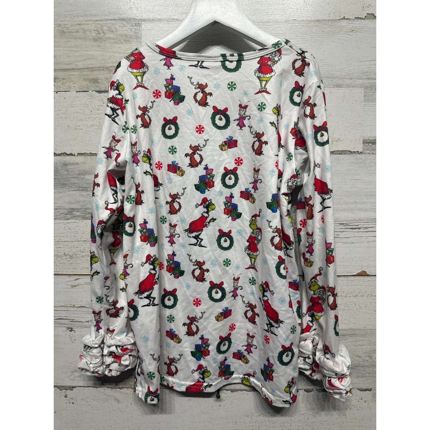 Boutique Grinch Long Sleeve Top Girls 10/12 White Christmas Ruffle EUC3