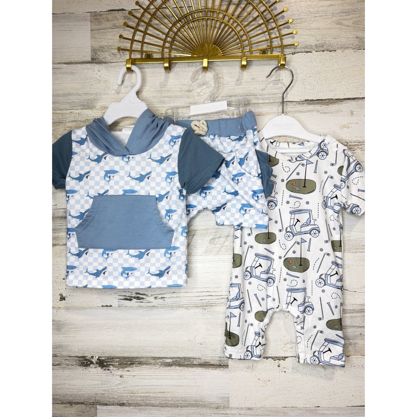 Boutique Shorts Set Romper Bundle Boys 6-12M Blue Shark Golf Coastal0