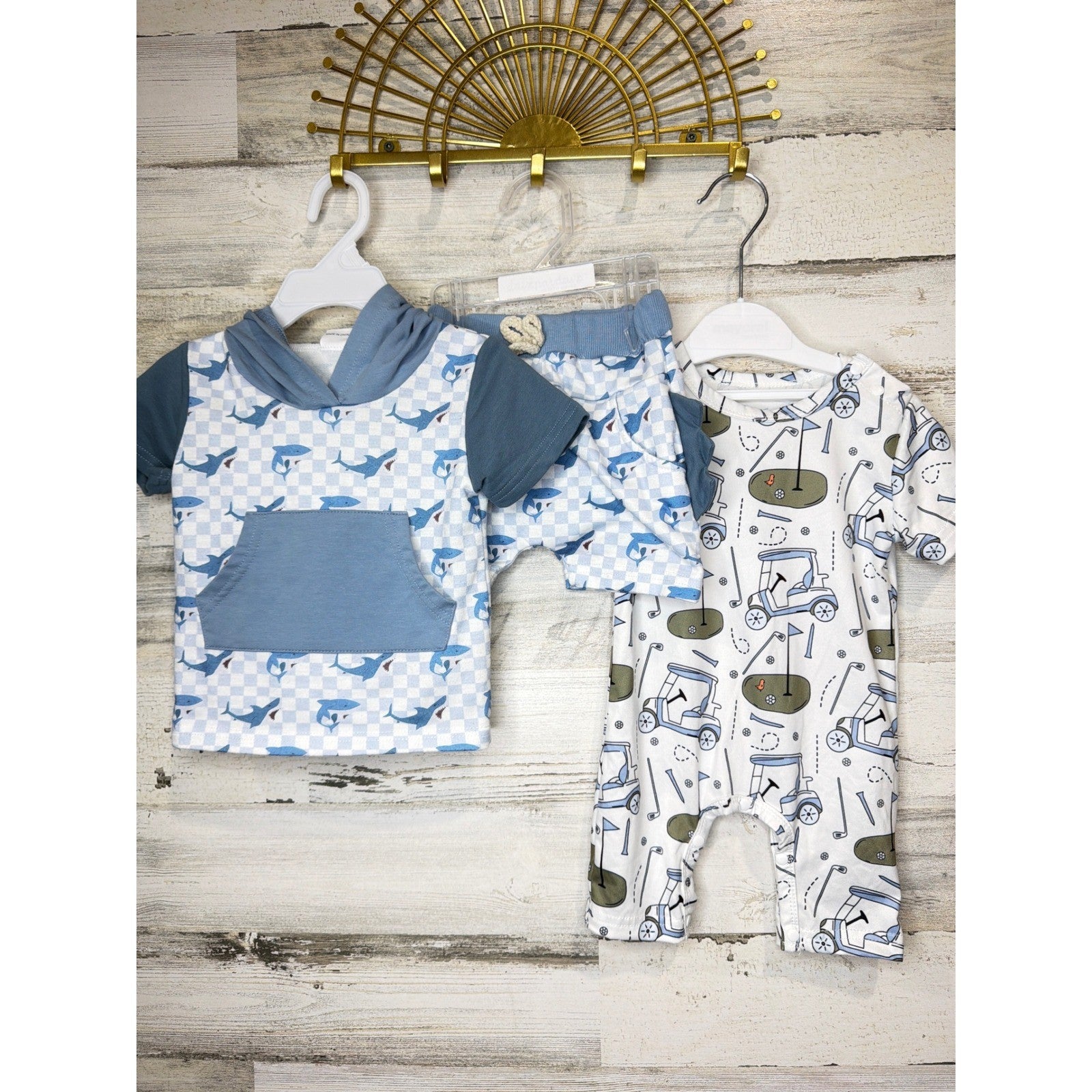 Boutique Shorts Set Romper Bundle Boys 6-12M Blue Shark Golf Coastal0