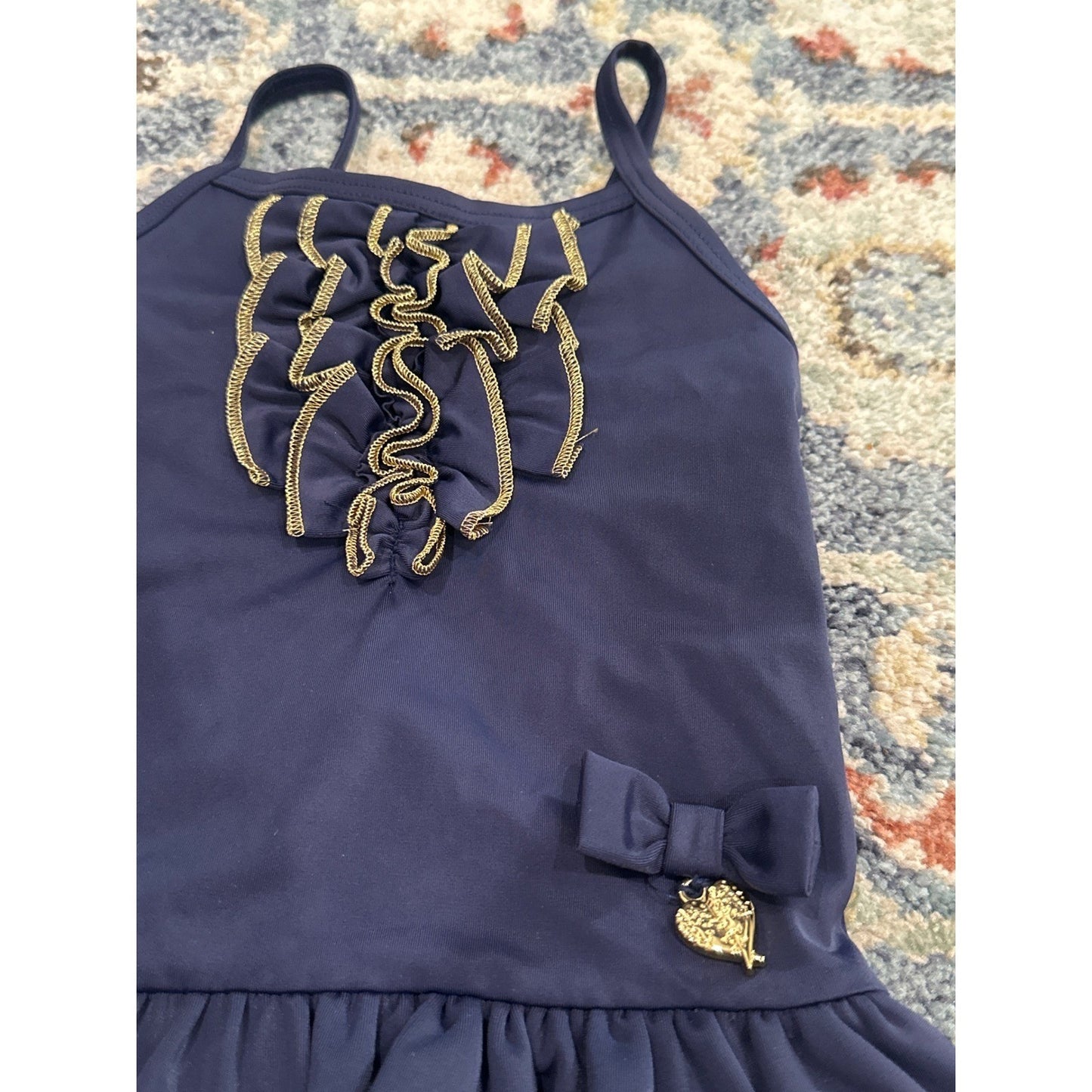 Angel's Face Swimsuit Girls 2-3 Navy Blue Gold Ruffle Bow NWT1