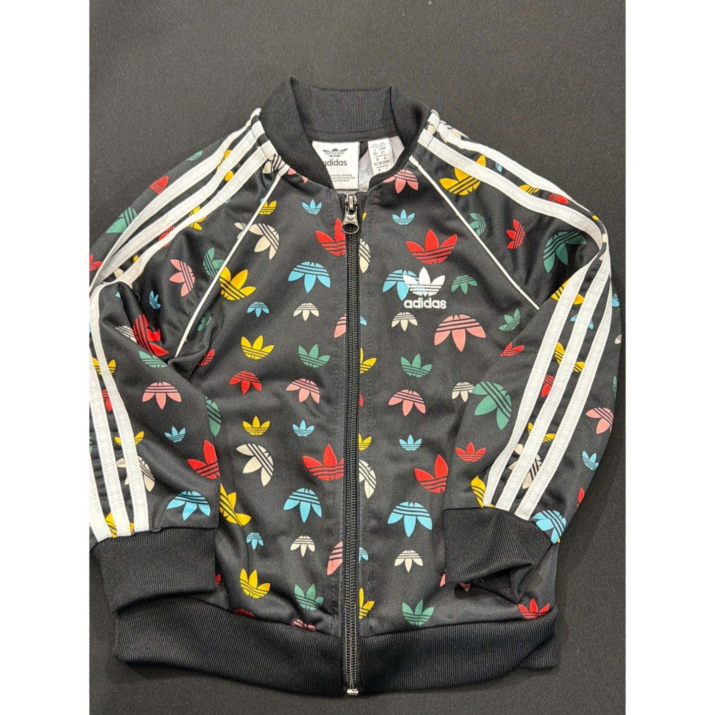 Adidas Track Jacket Girls 2T Black Multicolor Trefoil Monogram Athleisure EUC0
