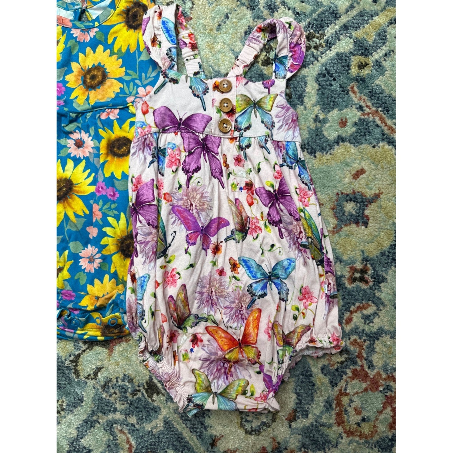 Little Sleepies Posh Peanut Bubble Romper Girls 18-24M Blue Pink Floral EUC1