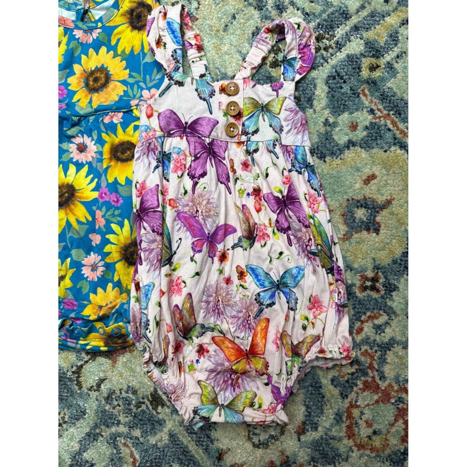 Little Sleepies Posh Peanut Bubble Romper Girls 18-24M Blue Pink Floral EUC1