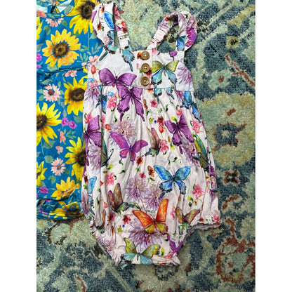 Little Sleepies Posh Peanut Bubble Romper Girls 18-24M Blue Pink Floral EUC1