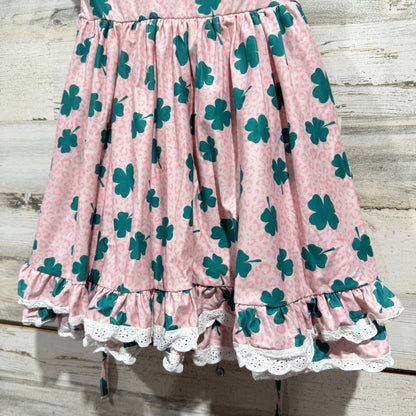 Cheeky Plum Dress Girls 6Y Pink Green Clover Leopard Ruffle St Patricks Day EUC2