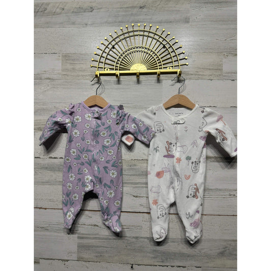Carter's Footed Sleepers Girls 3M Purple White Floral Animal 2pk EUC0