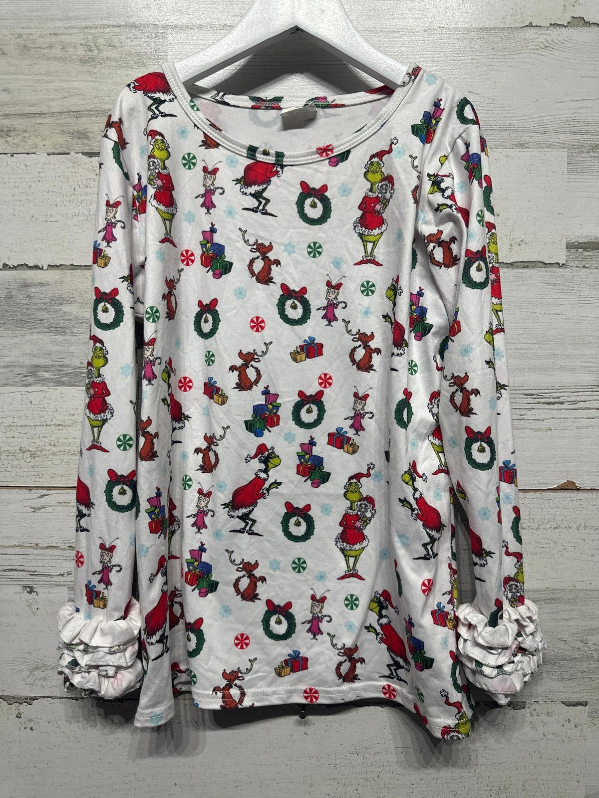 Boutique Grinch Long Sleeve Top Girls 10/12 White Christmas Ruffle EUC0